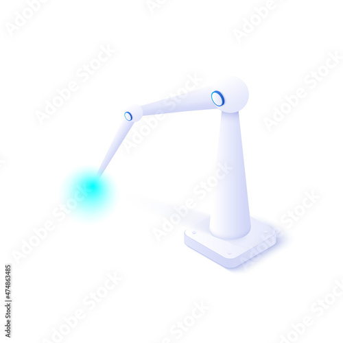 Mechanical robotic arm icon illustration in isometric vector design. Futuristic articulated robot isolated on white background.