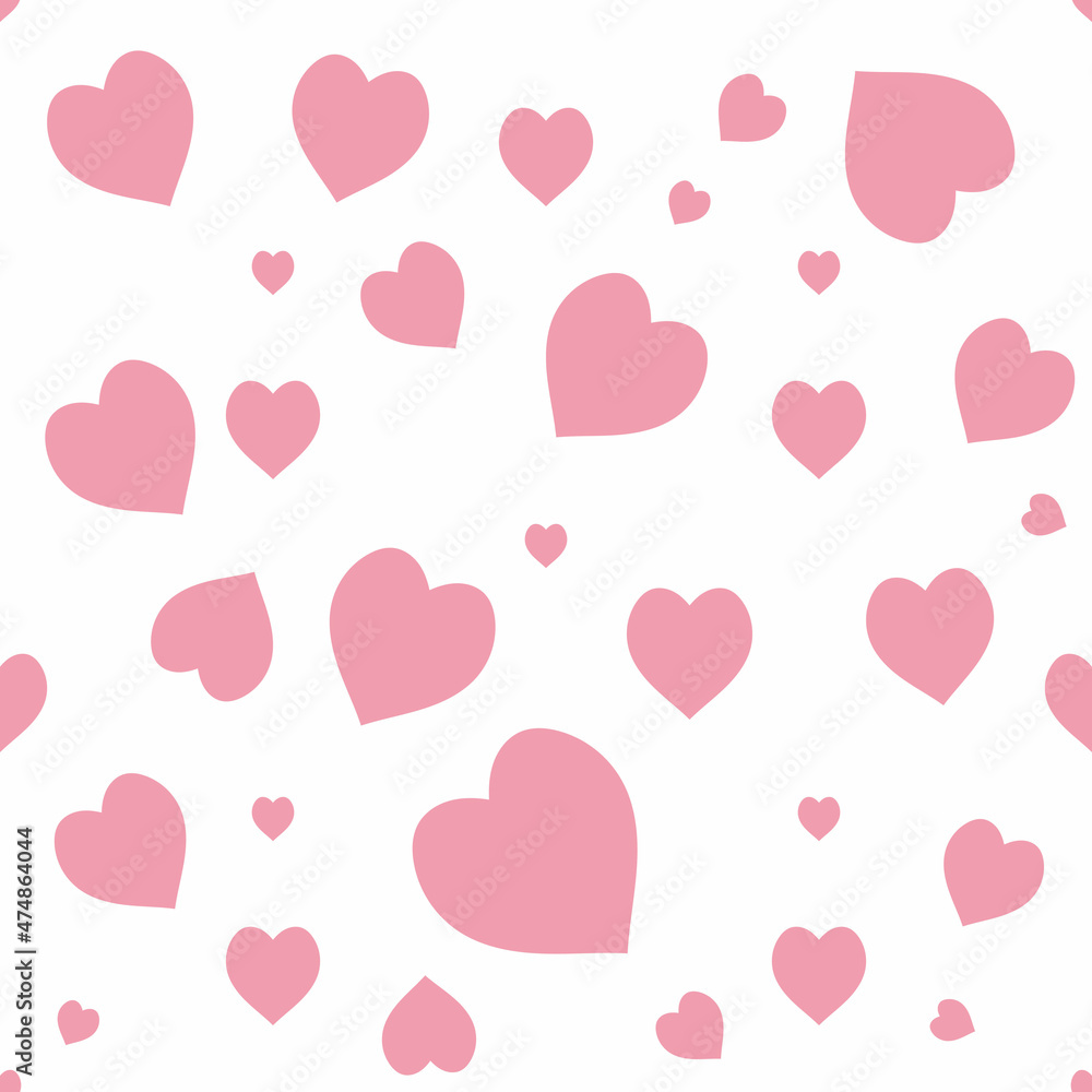 Seamless pattern with pink hearts on white background. Vector image.