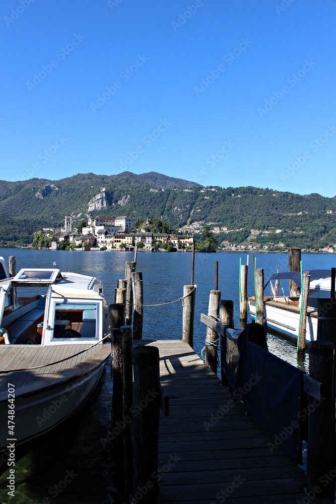 Italy, Piedmont: View of Saint Giulio on The Orta Lake.