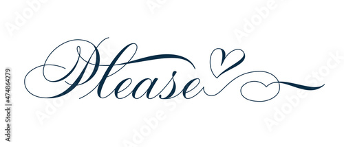 Modern brush calligraphy or pen calligraphy Please with flourishes and heart isolated on white background. Vector illustration.