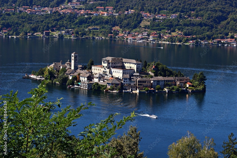 Italy, Piedmont: Foreshortening of Orta Lake and San Giulio Island.