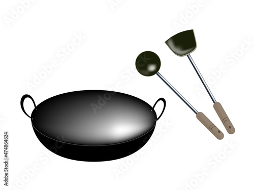 Chinese cooking tools.Black wok spatula and ladle tool set.
Isometric of cuisine wok pan icon for web design isolated on white background. - Vector