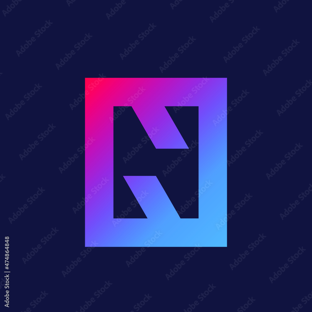 Letter N logo.Typographic icon.Lettering sign isolated on dark background.Alphabet initial.Modern, design, geometric construction, web, tech style negative space character. Letter N logo.Typographic icon.Lettering sign isolated on dark background.Alphabet initial.Modern, design, geometric construction, web, tech style negative space character.