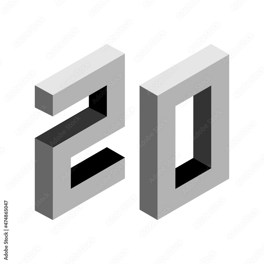 Fototapeta premium Gray number 20 in isometric style. Isolated on white background. Learning numbers, serial number, price, place.