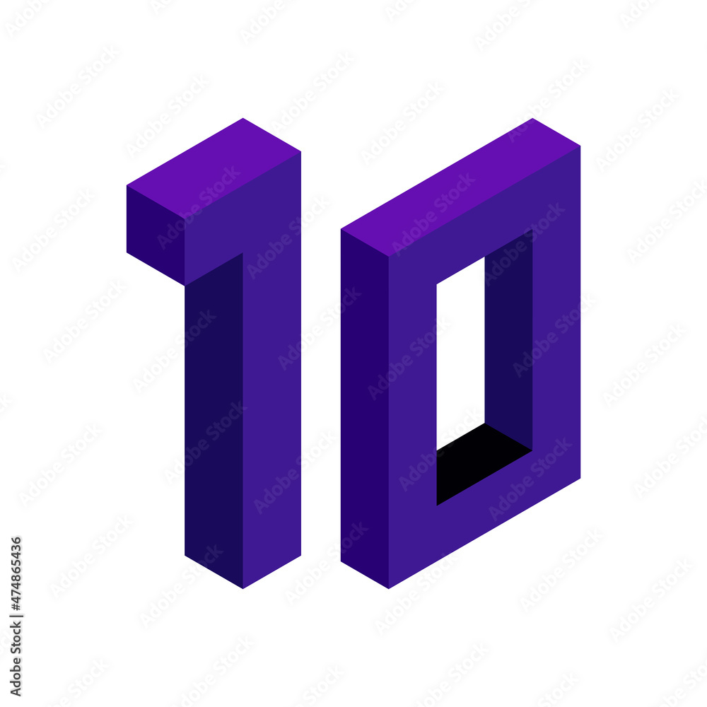 Violet number 10 in isometric style. Isolated on white background. Learning numbers, serial number, price, place. Violet number 10 in isometric style. Isolated on white background. Learning numbers, serial number, price, place.