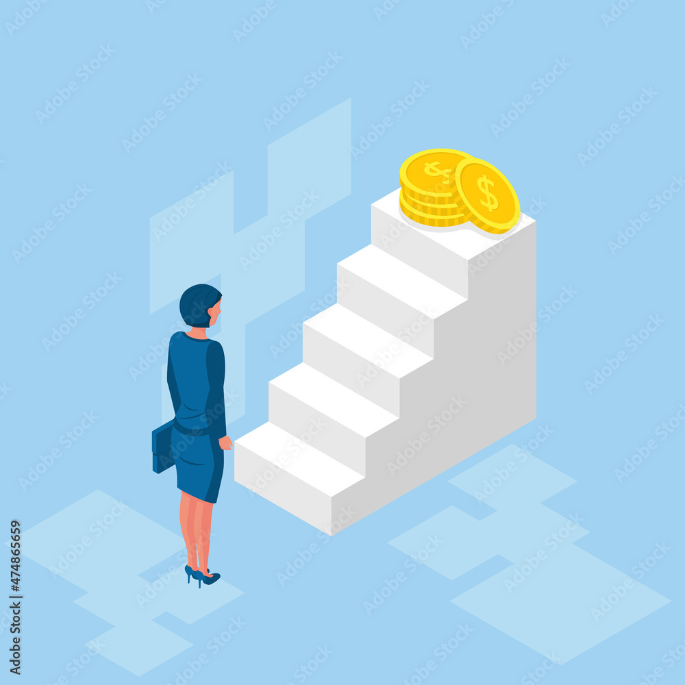 Businesswoman in suit hold briefcase walking on stair to money. Step by step on the ladder to success. Vector illustration isometric design. Isolated on white background.