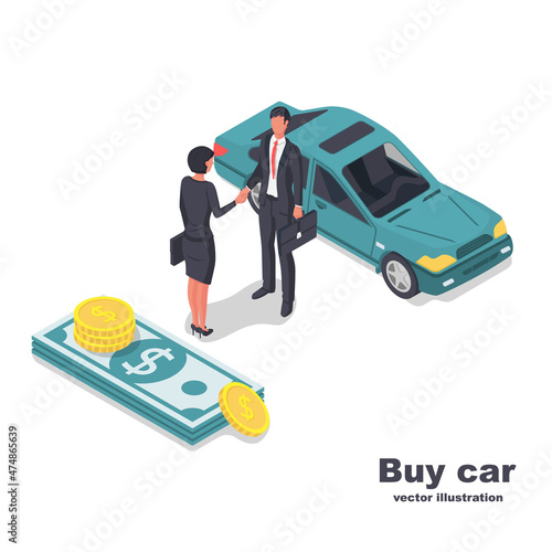 Buying or renting a car. Business people, man and woman, conclude a deal. Vector illustration isometric design. Isolated on white background.