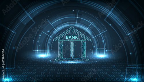 Banking Technology concept design.Isometric illustration of bank on dark blue technology background. Digital connect system.Financial and Banking  technology concept.Vector illustration.EPS 10.