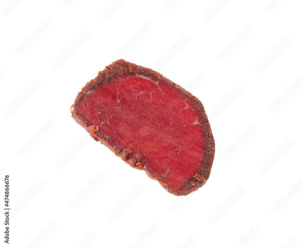 Delicious dry-cured beef basturma slice isolated on white