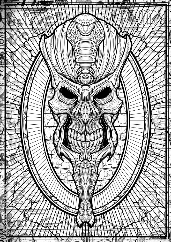 Ancient demon in close-up with a big crown and a snake against a slab ...