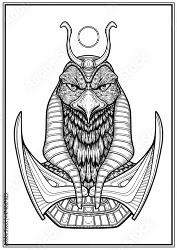 Egyptian Sun God - Ra without a background, an isolated bust of a falcon in a crown and armor. Ruler of an ancient civilization in the form of a bird with a sharp beak and an elongated neck close-up.