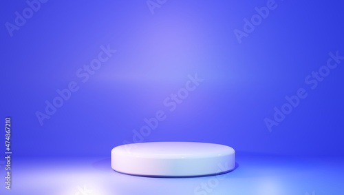 Product showcase illuminated holographic round stage mockup in very peri color of the year. 3d render illustration