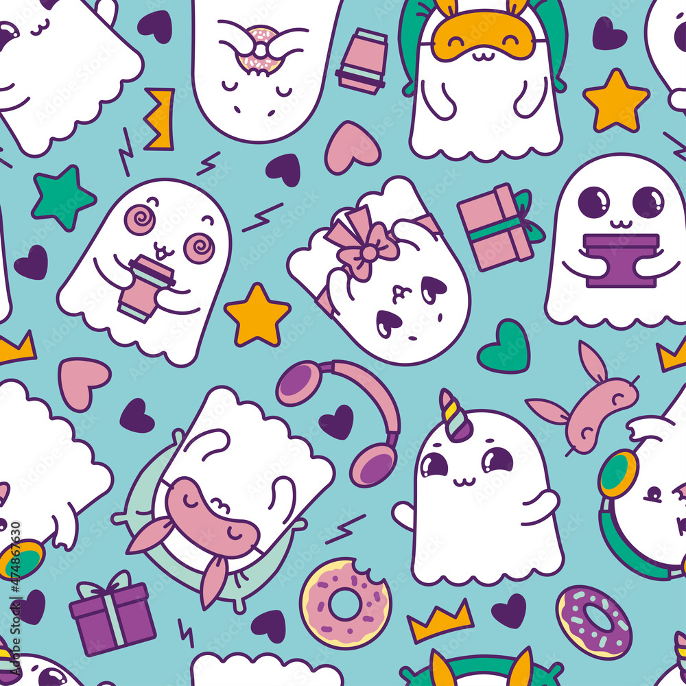 Seamless pattern with cute ghosts in cartoon style on blue background