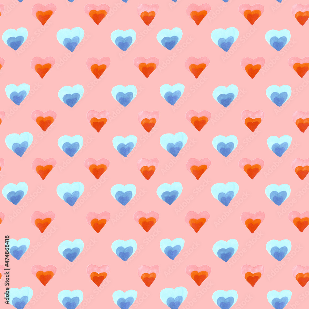 Tender seamless pattern of hearts drawn by markers on a light pink background. For fabric, sketchbook, wallpaper, wrapping paper, invitation.