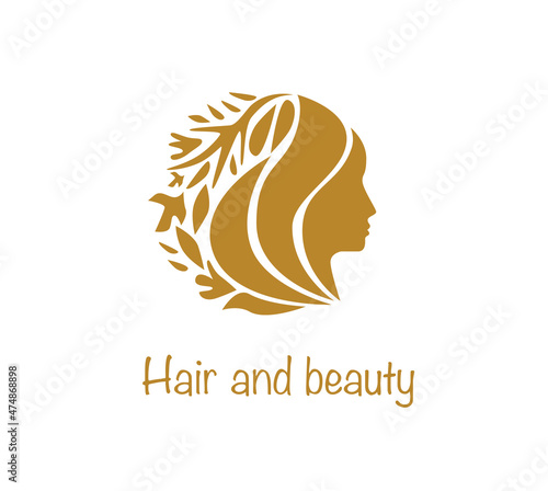 hair and beauty business logo,  woman face  with herbal in hair