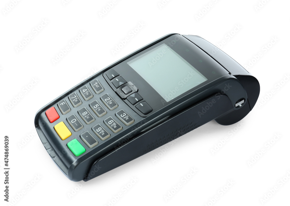 New modern payment terminal isolated on white New modern payment terminal isolated on white