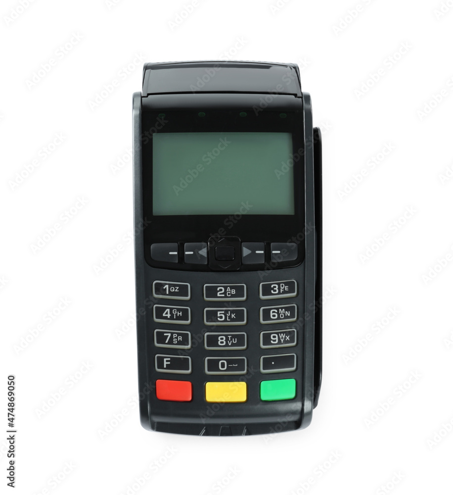 New modern payment terminal isolated on white, top view New modern payment terminal isolated on white, top view