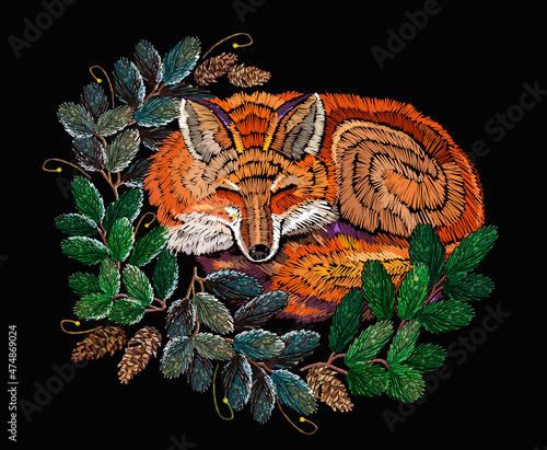 Winter art. Sleeping fox. Merry Clothes, textile design template. Christmas classical embroidery snow-covered branch of a fir-tree