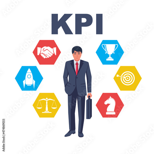 Key performance indicators. KPI concept. Confident businessman with a set of personal skills. Vector illustration flat design. Isolated on white background.