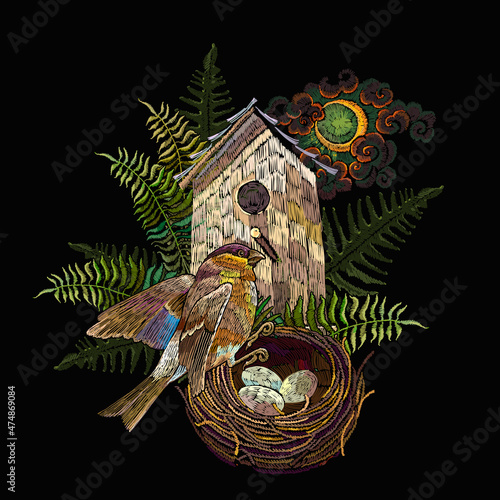 Embroidery art. Bullfinch bird, magic moon, nest eggs and fern. Fashion template for clothes, t-shirt design