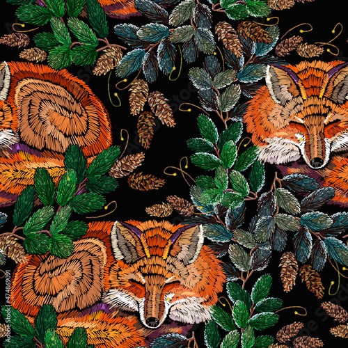 Winter art. Sleeping fox. Seamless pattern. Merry Christmas classical embroidery snow-covered branch of a fir-tree. Clothes, textile design template