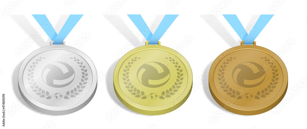 set of sport volleyball medals emblem with ball in laurel wreath for competition. Gold, silver and bronze award with blue ribbon. 3d vector set of sport volleyball medals emblem with ball in laurel wreath for competition. Gold, silver and bronze award with blue ribbon. 3d vector