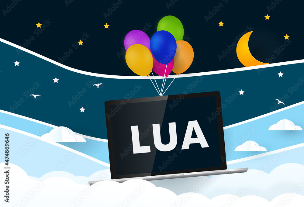 Lua programming language. Balloons carries laptop with word Lua
Lua programming language. Balloons carries laptop with word Lua