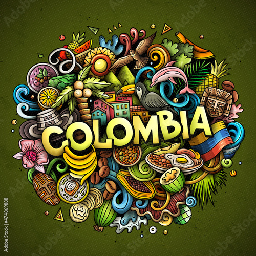 Colombia hand drawn cartoon doodle illustration. Funny Colombian design.