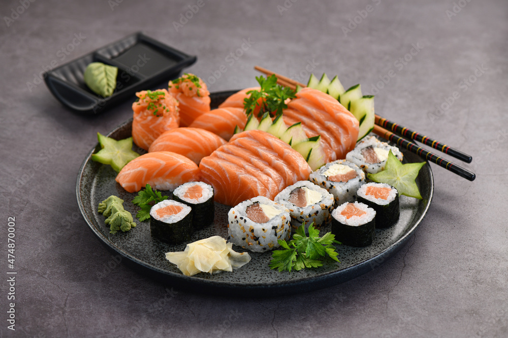 Fotografia do Stock: Sushi Mix Plate Plate isolated on gray background |  Adobe Stock
