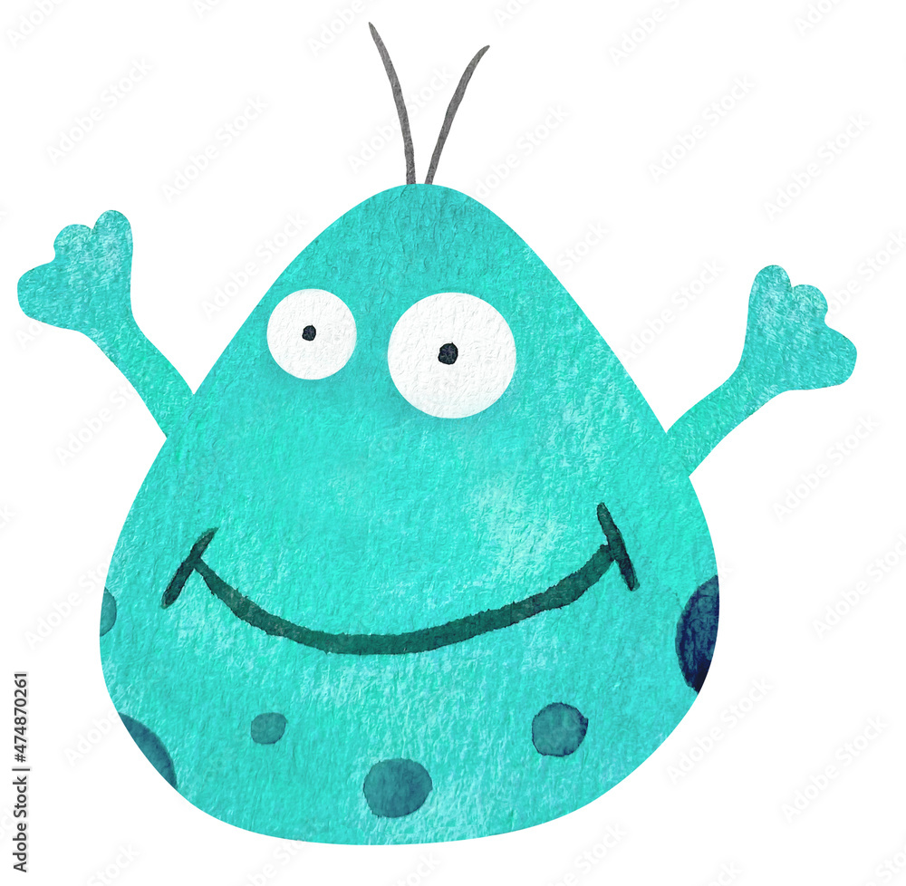 Watercolor cute cartoon blue alien ufo character with antennae Stock