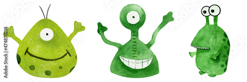 Watercolor set of three cute cartoon green alien ufo character with antennae photo