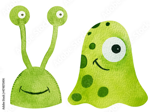 Watercolor set of three cute cartoon green aliens ufo character with antennae photo