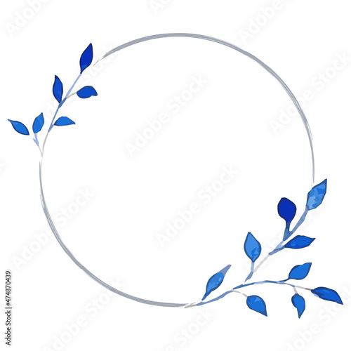Watercolor circle frame with blue tree branches photo