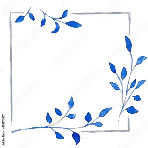 Watercolor square frame with blue tree branches