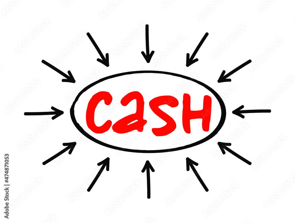 CASH - Create Assets Stay Happy acronym text with arrows, business concept for presentations and reports CASH - Create Assets Stay Happy acronym text with arrows, business concept for presentations and reports