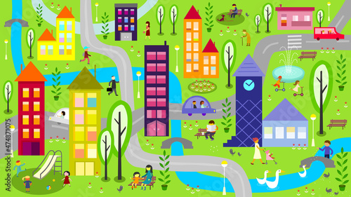 Colorful cartoon city landscape with river in daytime (ID: 474871075)