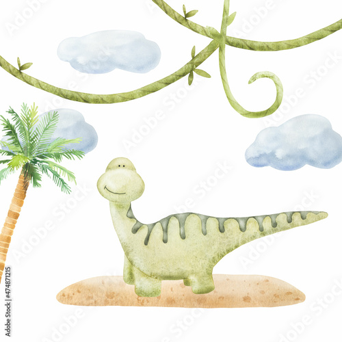 Cute funny diplodocus dinosaur. Perfect for printing, web, textile design, souvenirs and other ideas. © Irina