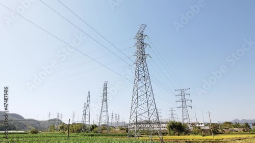 aerial view of transformer substation and high voltage tower