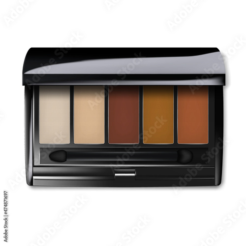 Make-up color eyeshadow palette with applicator. Open makeup eye shadow kit container top view. Realistic vector illustration