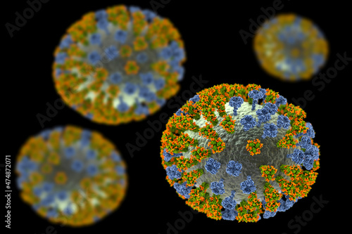 Flu virus, close-up view, 3D illustration photo