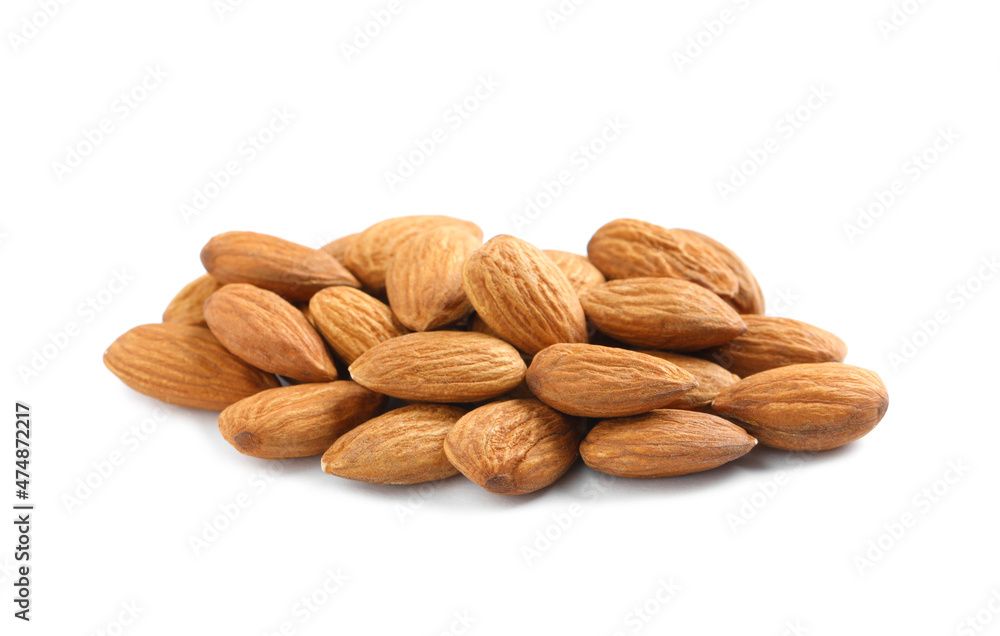 Pile of organic almond nuts on white background. Healthy snack Pile of organic almond nuts on white background. Healthy snack