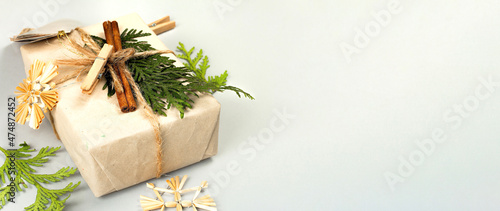 Zero waste gift concept. Christmas or New Year eco-friendly packaging. Festive boxes in craft paper