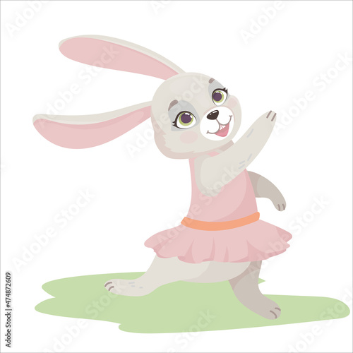 Cute bunny in a pink dress in a cartoon style. Fluffy animal. Vector illustration isolated on white background.