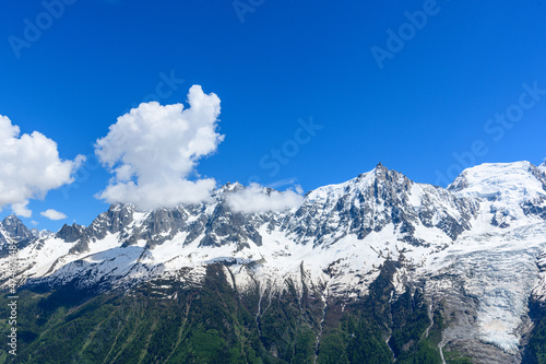 The Mont Blanc Massif in the Mont Blanc Massif in Europe, France, the Alps, towards Chamonix, in summer on a sunny day.