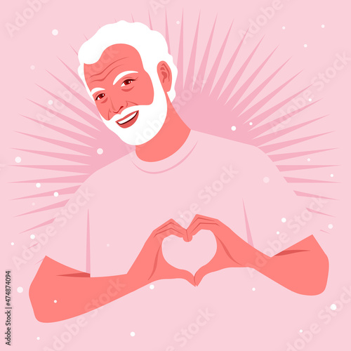 Happy elderly man is making a heart sign with his hands. Love gesture. Portrait of a loving grandfather. Valentine’s day postcard. Vector flat illustration.