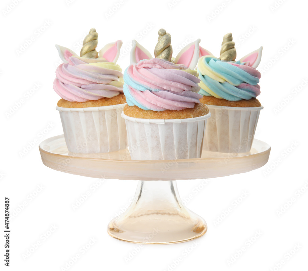Dessert stand with cute sweet unicorn cupcakes on white background