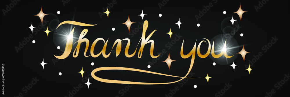 Thank you golden text with stars on black background. Hand drawn ...