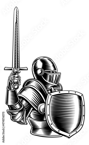 Medieval Knight Sword And Shield Vintage Woodcut