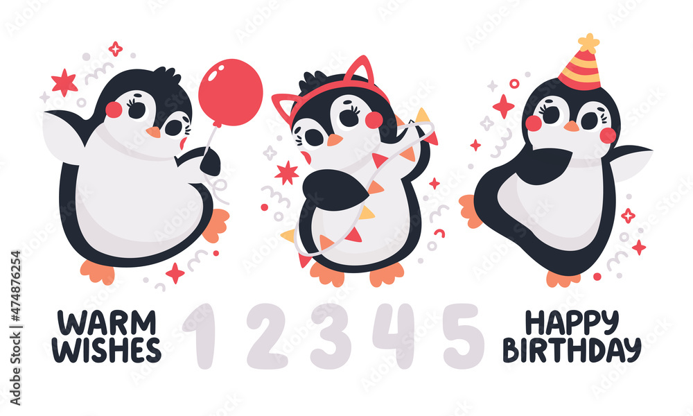 Obraz premium Cute vector birthday party clipart set with funny Penguins, garland, balloons, stars, birthday caps, numbers. Birthday party illustrations