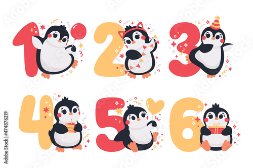 Cute vector birthday party clipart set with funny Penguins  garland  balloons  stars  birthday caps  numbers. Birthday party illustrations